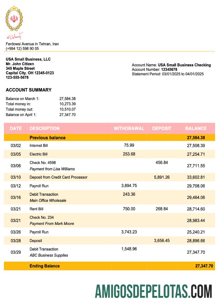 Imprimível Iran Melli Bank Business Checking Account Statement Word And PDF modelo 1